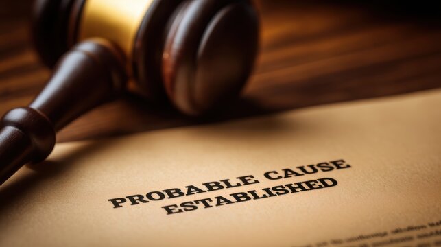 "Probable Cause Established" document beside a gavel, symbolizing legal judgment, judicial authority, and formal proceedings.
