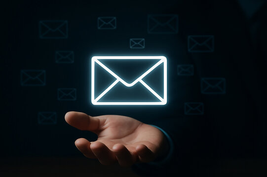 Hand holding glowing email icon with surrounding messages - Powered by Adobe
