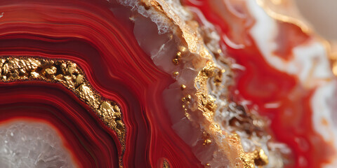 Vivid Agate: The image highlights the mesmerizing patterns and textures of a polished agate gemstone, with its concentric layers of red, gold, and white, reminiscent of nature's artistry.