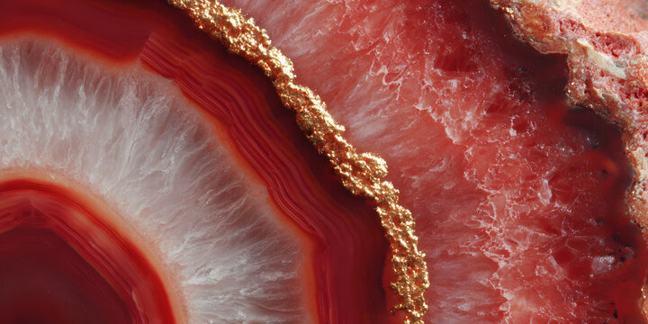 Earthy Symphony: A macro close-up of a polished agate stone slice, revealing mesmerizing concentric bands of vibrant red and earthy tones, accented with golden edges.