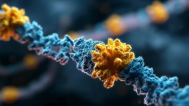 3D rendering of ribosome translating mRNA sequence with peptide chain emerging in a dynamic cellular environment.