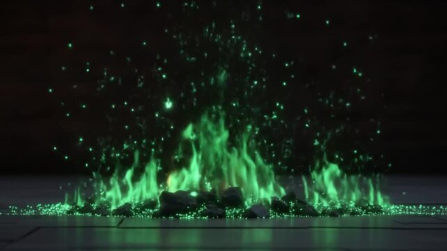 Glowing Green Flames Erupting From Rocks Against A Dark Background With Sparkles