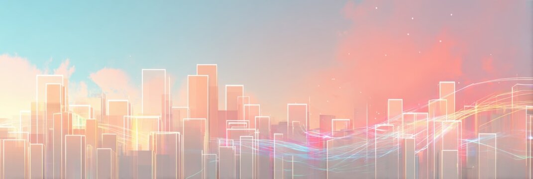 Minimalist futuristic metropolis with warm sunrise tones and glowing pathways for technology branding, website hero image or business report cover