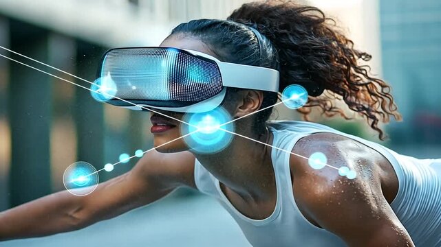 woman with sporty ponytail wearing VR headset runs with focus for virtual training program futuristic technology digital data fitness virtual reality integration concept