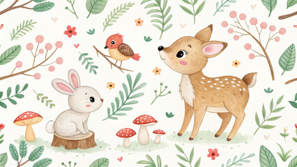 Naklejka premium Cute woodland animals deer bunny bird seamless pattern forest watercolor illustration design background art