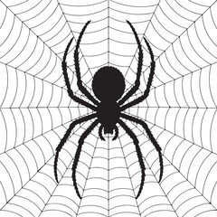 Obraz premium Spider, on, web, silhouette, vector, black, white, isolated, illustration, halloween, spooky
