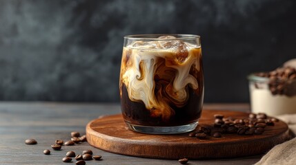 Coffee  cream swirl in glass on wood coaster with beans Jar of beans sits on table grey backdrop