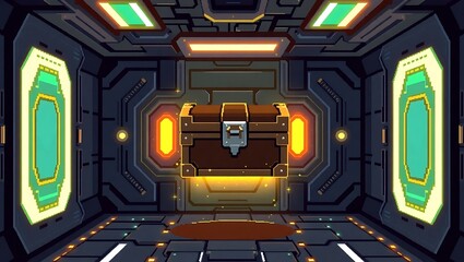 Fototapeta premium A levitating treasure chest inside a futuristic pixel vault with glowing circuit walls, sci-fi pixel art style