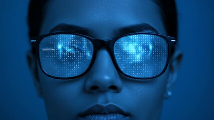 Woman wearing glasses with binary code reflection. Technology concept. - Powered by Adobe