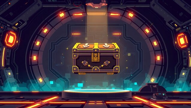 A levitating treasure chest inside a futuristic pixel vault with glowing circuit walls, sci-fi pixel art style
