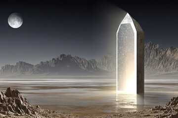 Alien crystal obelisk in desert landscape under moonlit sky