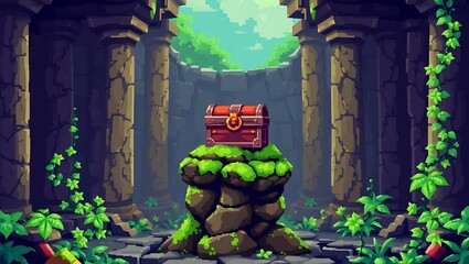 A lone treasure chest atop a mossy pedestal in a forgotten temple ruin, vibrant 8-bit pixel detail, surrounded by pixelated vines