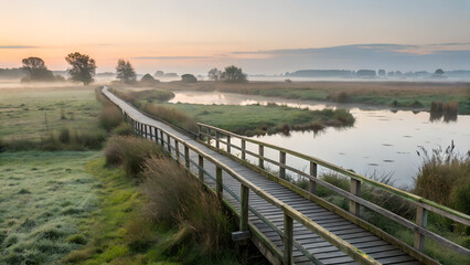 Rural footbridge over wetlands at dawn, natural tones