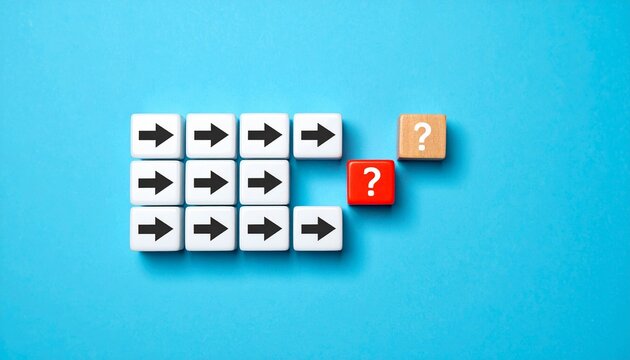 Group Direction Versus Uncertainty: Question Marks and Arrows on Cubes Representing Strategy, Decisions, and the Unknown.