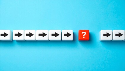 Obraz premium Divergent Thinking: Conceptual Row of Arrow Blocks Interrupted by a Question Mark, Emphasizing Uncertainty and Problem Solving on Blue Backdrop