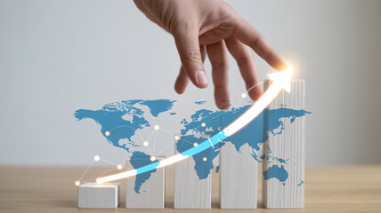 Fingers Walking Upward on Wooden Blocks with Global Growth Chart graph arrow