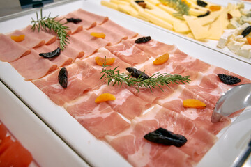 A Vibrant Platter Displaying Thinly Sliced Meats Decorated with Dried Fruits and Fresh Herbs, Perfect for Gourmet Appetizers and Culinary Inspiration