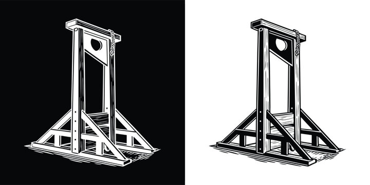 Vintage guillotine execution instrument, a historical symbol of punishment and revolution, depicted in monochrome