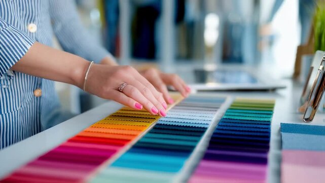 Closeup of hands highlighting seasonal fabric samples and color swatches on a desk as fashion merchandiser finetunes product lineup for next retail quarter.
