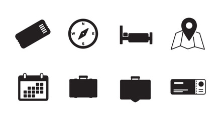 Solid black icon collection for travel planning and journey