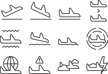 Vector set of airplane icons including landing, departure, turbulence, stormy weather, global travel, flight route, and airport symbols. Perfect for apps, web, or infographics.