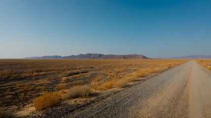 Dusty desert road leads to distant mountains under a clear blue sky