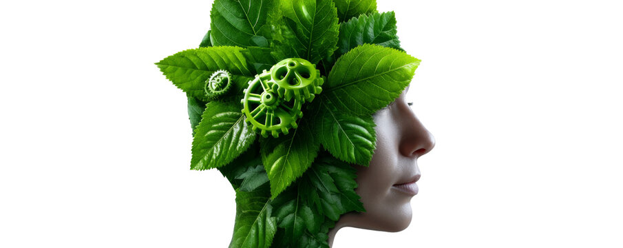 Profile of human head with green leaves and gears symbolizing eco consciousness and innovation