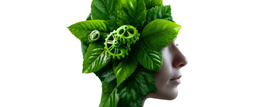 Profile of human head with green leaves and gears symbolizing eco consciousness and innovation