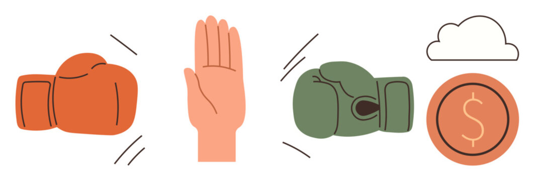 Boxing gloves, a hand raised to stop, a cloud, and a dollar coin suggest themes thumbs up negotiation, mediation, conflict resolution, strategy, money teamwork and balance. Ideal for simple flat