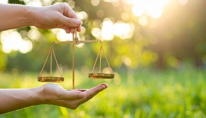 Balancing Justice: Human Hands Carefully Holding Golden Scales Against a Blurred Green Backdrop Symbolizing Fairness and Ethical Considerations