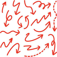 red Arrow vector line icon set. Hand drawn brush sketch arrow line curve up, down shape texture element set. Abstract grunge scribble doodle style. Vector illustration