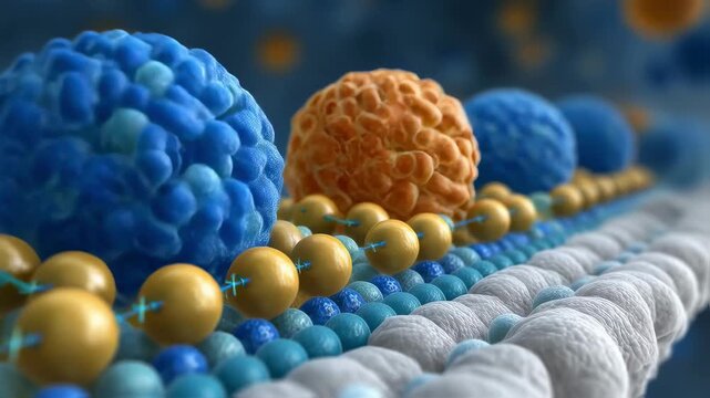 Scientific illustration showing ionic exchange by molecular crank mechanism in cellular membrane active transport.