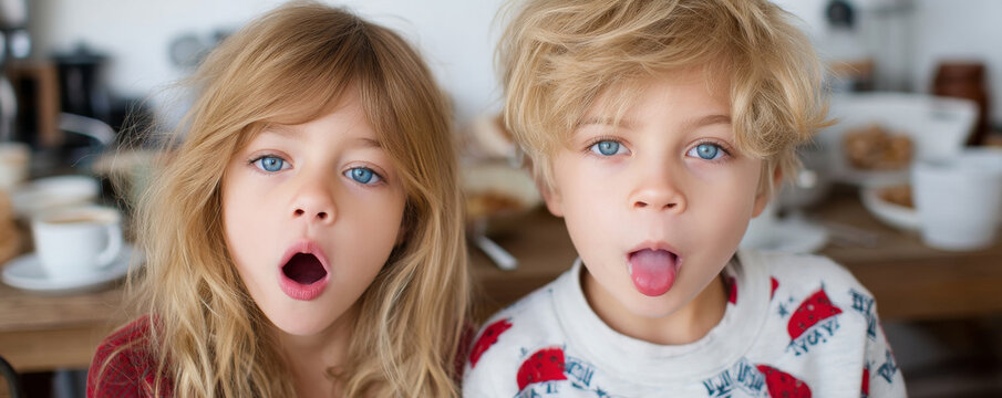 Two siblings with blonde hair and blue eyes mimicking yelling with playful expressions indoors