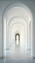 A long white hallway with repeating arches and columns leading to a bright light at the end