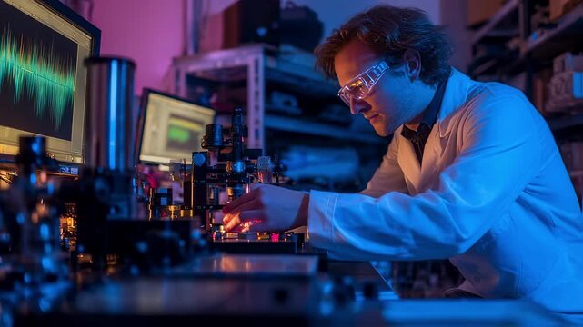 Intense lab scene with a researcher adjusting mirrors on a laser setup surrounded by scientific instruments safety goggles and computer monitors showcasing realtime waveform