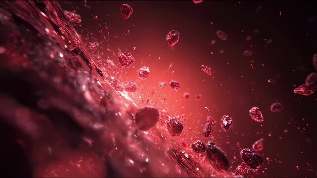 Closeup footage of irregularly shaped blood progenitor cells in bone marrow losing viability and breaking apart in a dynamic sequence.