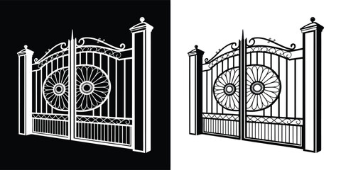 Obraz premium Ornate wrought iron gate and door isolated on white background