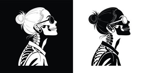 Stylish skeleton wearing sunglasses and a bun, with a modern edgy look, symbolizing life and death