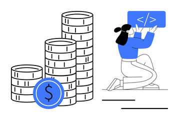Stacks of coins denote income and financial growth. A kneeling person holds a coding sign, symbolizing technology, programming, and career growth. Ideal for entrepreneurship, tech education