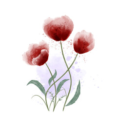 Watercolor painting of red  tulips with green leaves