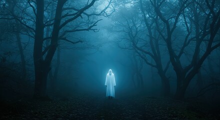 A figure in white robe standing in a foggy forest with tall dark trees and a blueish light around it