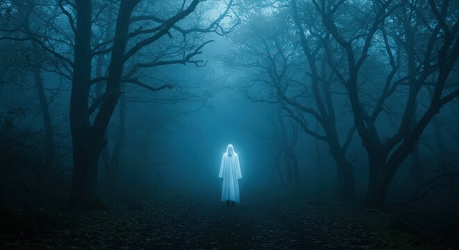A figure in white robe standing in a foggy forest with tall dark trees and a blueish light around it