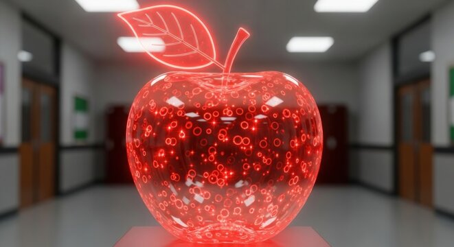 Glowing red apple with neon outline on a pedestal in a school hallway, representing knowledge and learning in a modern, futuristic style