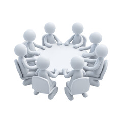 Eight white figures seated around a circular white table isolated on a transparent background group meeting