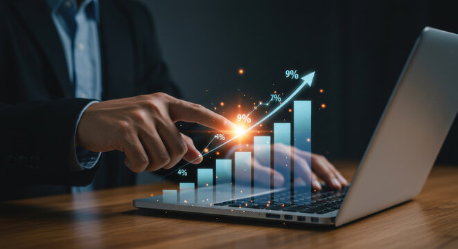 Man using a laptop with a digital graph showing business growth and financial success