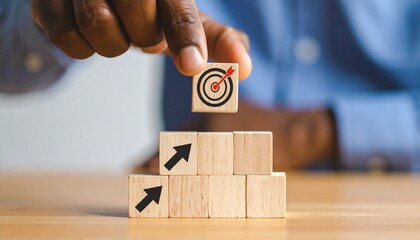 Stacking Blocks with Arrows and , Symbolizing Goal Setting and Business Achievement for Sustainable Growth and Development