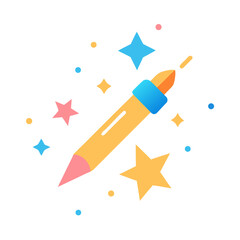 A magical blue and orange pencil with a yellow star and colorful sparkles creating a whimsical effect