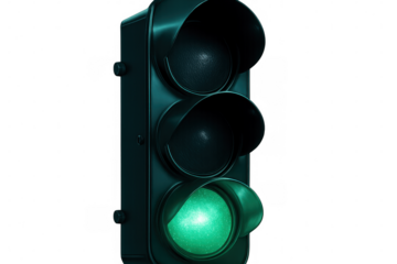 Green traffic light with glowing green light on transparent background, symbolizing permission and safe passage
