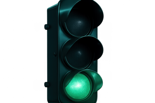 Green traffic light with glowing green light on transparent background, symbolizing permission and safe passage