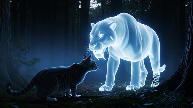 A captivating fantasy scene depicting a modern house cat gazing at a glowing saber-toothed tiger in a dark, misty forest. This image represents a meeting between the ancestors of the modern